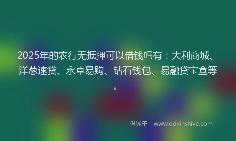 2025年的农行无抵押可以借钱吗有：大利商城、洋葱速贷、永卓易购、钻石钱包、易融贷宝盒等。