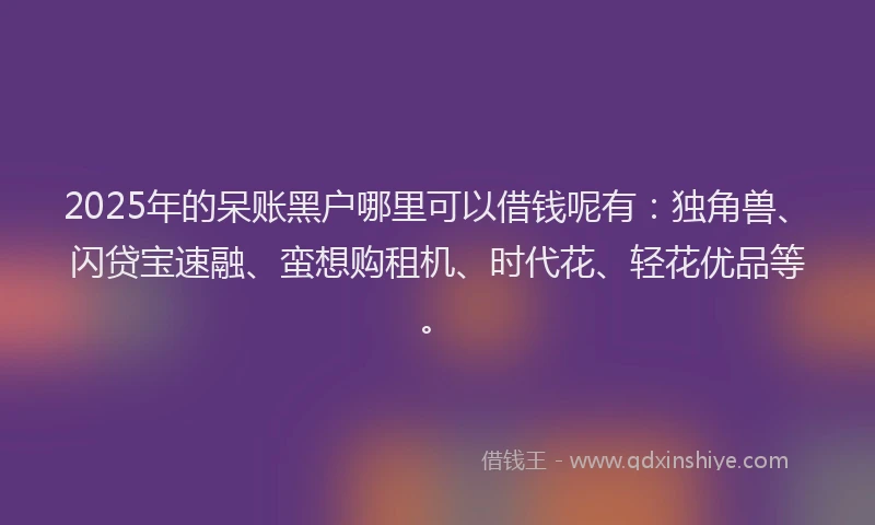2025年的呆账黑户哪里可以借钱呢有：独角兽、闪贷宝速融、蛮想购租机、时代花、轻花优品等。