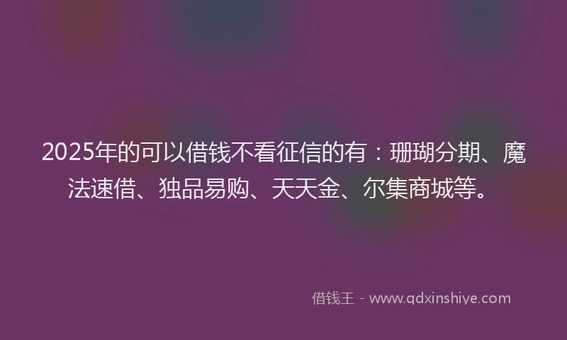 2025年的可以借钱不看征信的有：珊瑚分期、魔法速借、独品易购、天天金、尔集商城等。
