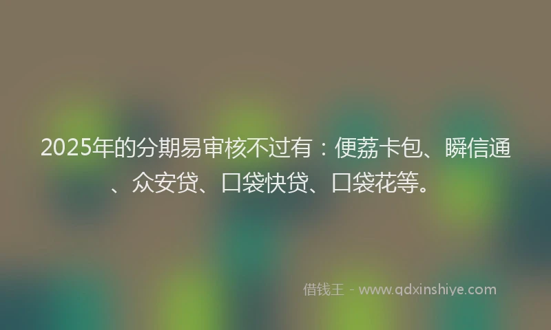 2025年的分期易审核不过有：便荔卡包、瞬信通、众安贷、口袋快贷、口袋花等。