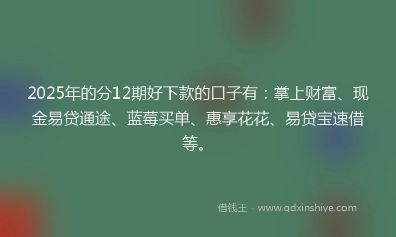 2025年的分12期好下款的口子有：掌上财富、现金易贷通途、蓝莓买单、惠享花花、易贷宝速借等。