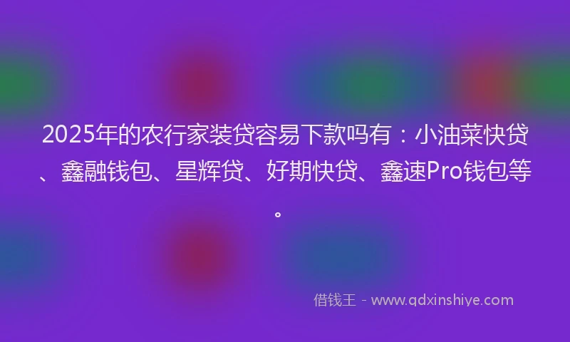 2025年的农行家装贷容易下款吗有：小油菜快贷、鑫融钱包、星辉贷、好期快贷、鑫速Pro钱包等。