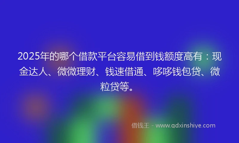 2025年的哪个借款平台容易借到钱额度高有：现金达人、微微理财、钱速借通、哆哆钱包贷、微粒贷等。