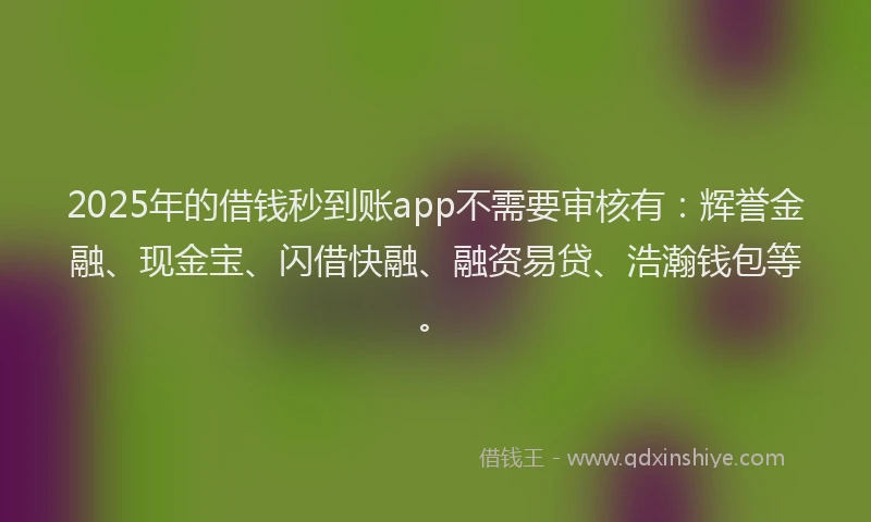 2025年的借钱秒到账app不需要审核有：辉誉金融、现金宝、闪借快融、融资易贷、浩瀚钱包等。