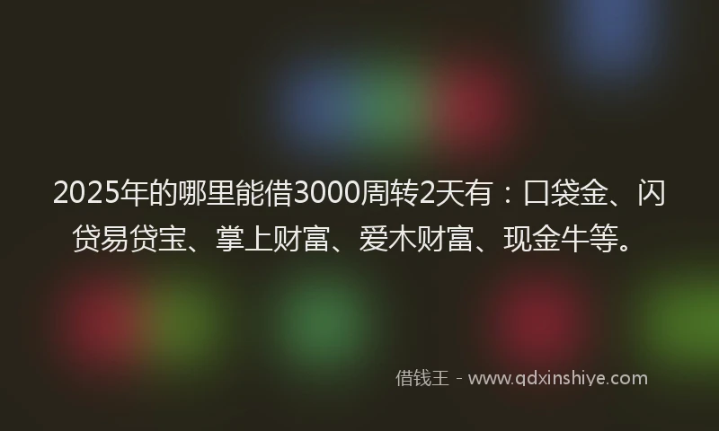2025年的哪里能借3000周转2天有：口袋金、闪贷易贷宝、掌上财富、爱木财富、现金牛等。