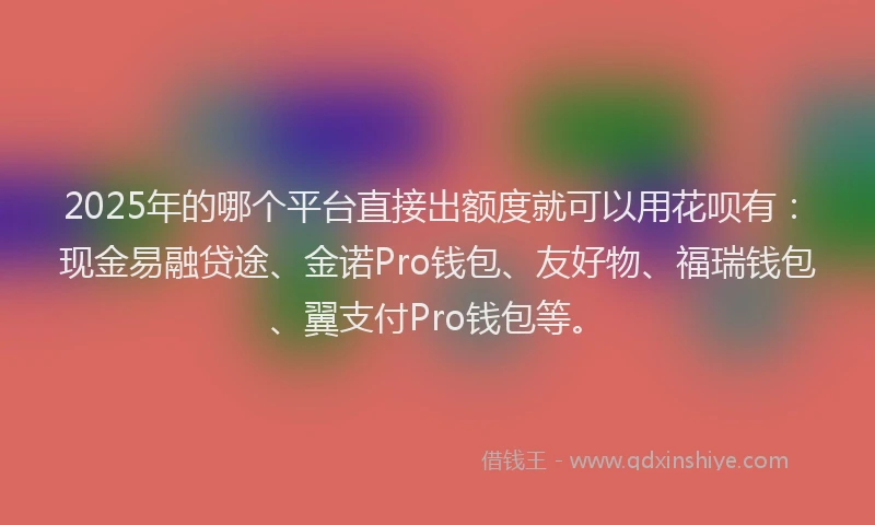 2025年的哪个平台直接出额度就可以用花呗有：现金易融贷途、金诺Pro钱包、友好物、福瑞钱包、翼支付Pro钱包等。