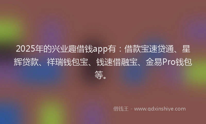 2025年的兴业趣借钱app有：借款宝速贷通、星辉贷款、祥瑞钱包宝、钱速借融宝、金易Pro钱包等。