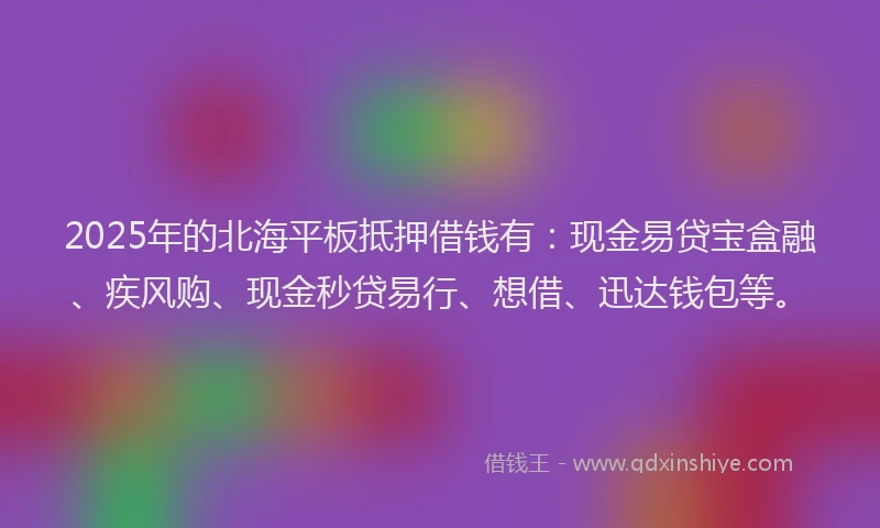 2025年的北海平板抵押借钱有：现金易贷宝盒融、疾风购、现金秒贷易行、想借、迅达钱包等。