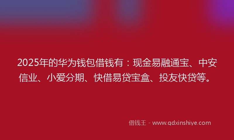 2025年的华为钱包借钱有：现金易融通宝、中安信业、小爱分期、快借易贷宝盒、投友快贷等。