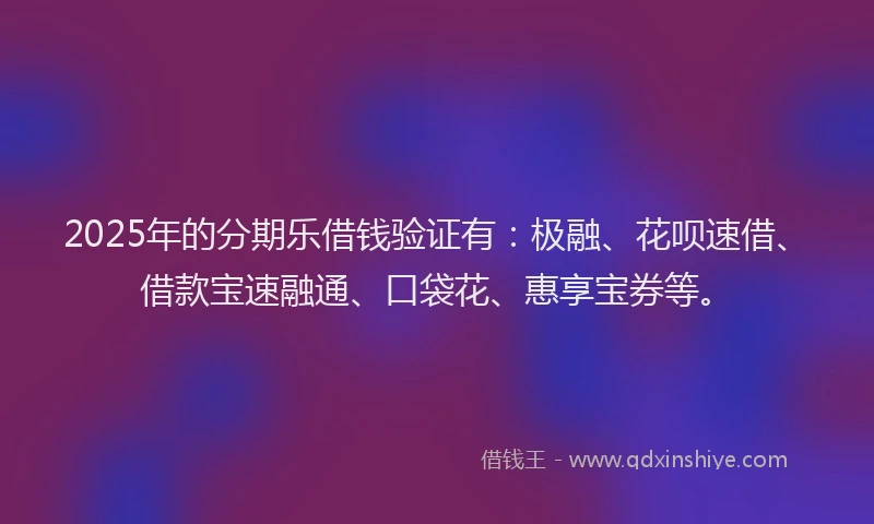 2025年的分期乐借钱验证有：极融、花呗速借、借款宝速融通、口袋花、惠享宝券等。