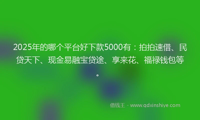 2025年的哪个平台好下款5000有：拍拍速借、民贷天下、现金易融宝贷途、享来花、福禄钱包等。