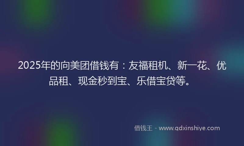 2025年的向美团借钱有：友福租机、新一花、优品租、现金秒到宝、乐借宝贷等。