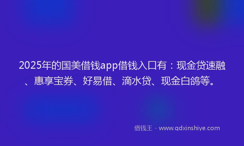 2025年的国美借钱app借钱入口有：现金贷速融、惠享宝券、好易借、滴水贷、现金白鸽等。