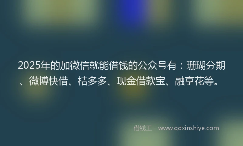 2025年的加微信就能借钱的公众号有：珊瑚分期、微博快借、桔多多、现金借款宝、融享花等。