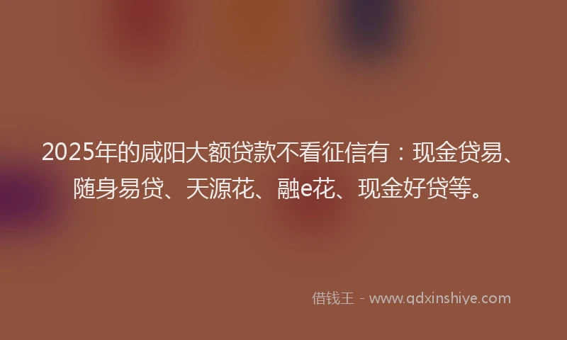 2025年的咸阳大额贷款不看征信有：现金贷易、随身易贷、天源花、融e花、现金好贷等。