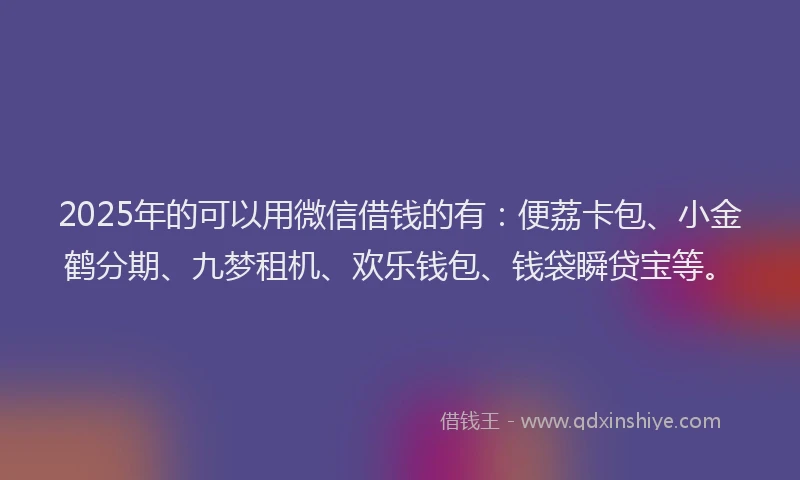 2025年的可以用微信借钱的有：便荔卡包、小金鹤分期、九梦租机、欢乐钱包、钱袋瞬贷宝等。