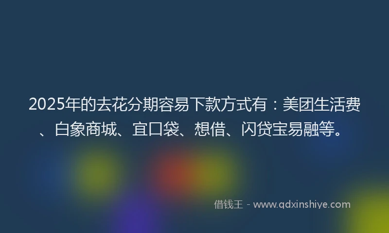 2025年的去花分期容易下款方式有：美团生活费、白象商城、宜口袋、想借、闪贷宝易融等。