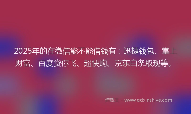 2025年的在微信能不能借钱有：迅捷钱包、掌上财富、百度贷你飞、超快购、京东白条取现等。