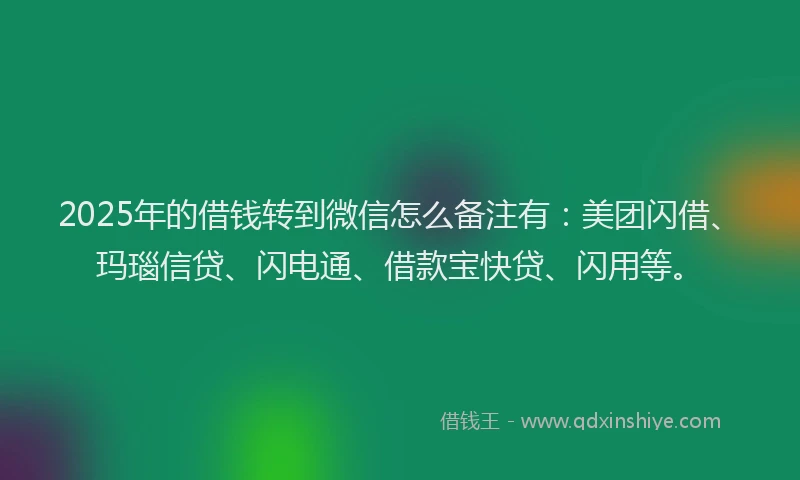 2025年的借钱转到微信怎么备注有：美团闪借、玛瑙信贷、闪电通、借款宝快贷、闪用等。