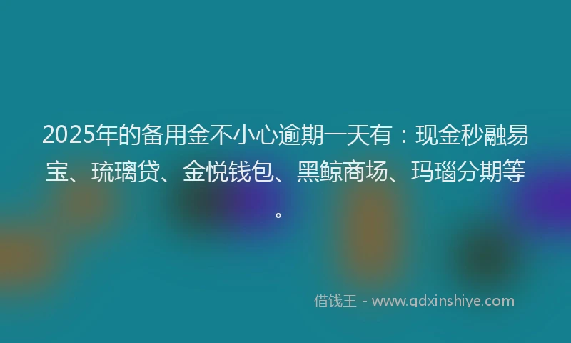 2025年的备用金不小心逾期一天有：现金秒融易宝、琉璃贷、金悦钱包、黑鲸商场、玛瑙分期等。