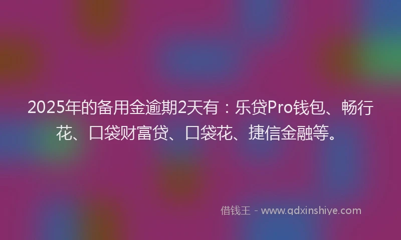 2025年的备用金逾期2天有：乐贷Pro钱包、畅行花、口袋财富贷、口袋花、捷信金融等。