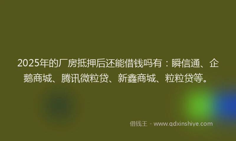 2025年的厂房抵押后还能借钱吗有：瞬信通、企鹅商城、腾讯微粒贷、新鑫商城、粒粒贷等。