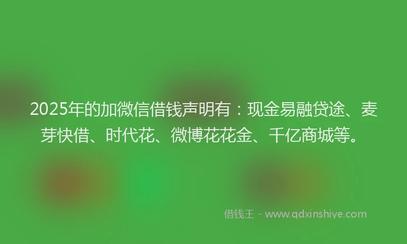 2025年的加微信借钱声明有：现金易融贷途、麦芽快借、时代花、微博花花金、千亿商城等。