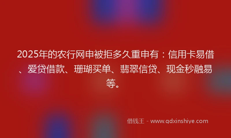 2025年的农行网申被拒多久重申有：信用卡易借、爱贷借款、珊瑚买单、翡翠信贷、现金秒融易等。