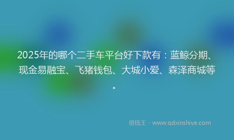 2025年的哪个二手车平台好下款有：蓝鲸分期、现金易融宝、飞猪钱包、大城小爱、森泽商城等。