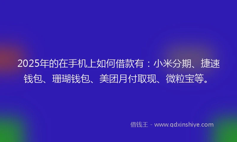 2025年的在手机上如何借款有：小米分期、捷速钱包、珊瑚钱包、美团月付取现、微粒宝等。
