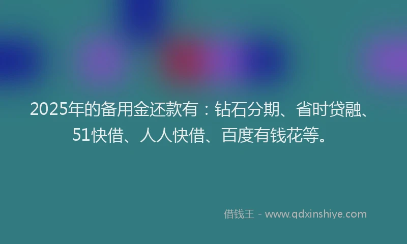 2025年的备用金还款有：钻石分期、省时贷融、51快借、人人快借、百度有钱花等。