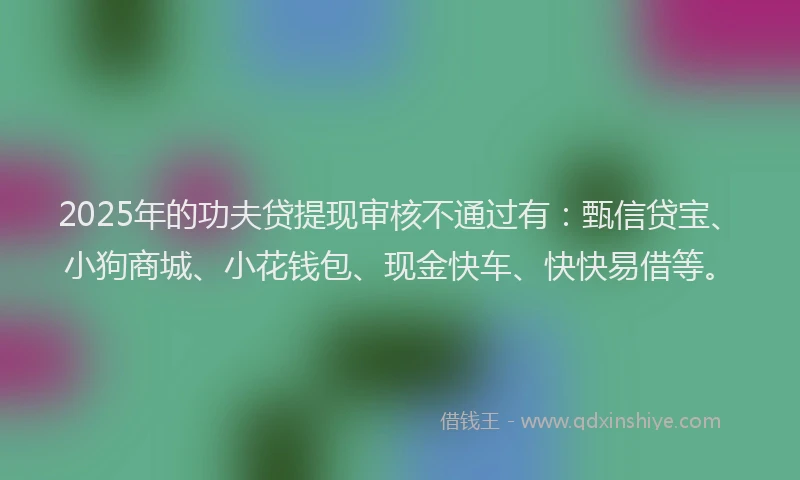 2025年的功夫贷提现审核不通过有：甄信贷宝、小狗商城、小花钱包、现金快车、快快易借等。