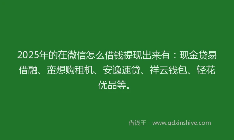2025年的在微信怎么借钱提现出来有：现金贷易借融、蛮想购租机、安逸速贷、祥云钱包、轻花优品等。
