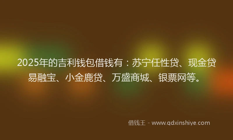 2025年的吉利钱包借钱有：苏宁任性贷、现金贷易融宝、小金鹿贷、万盛商城、银票网等。