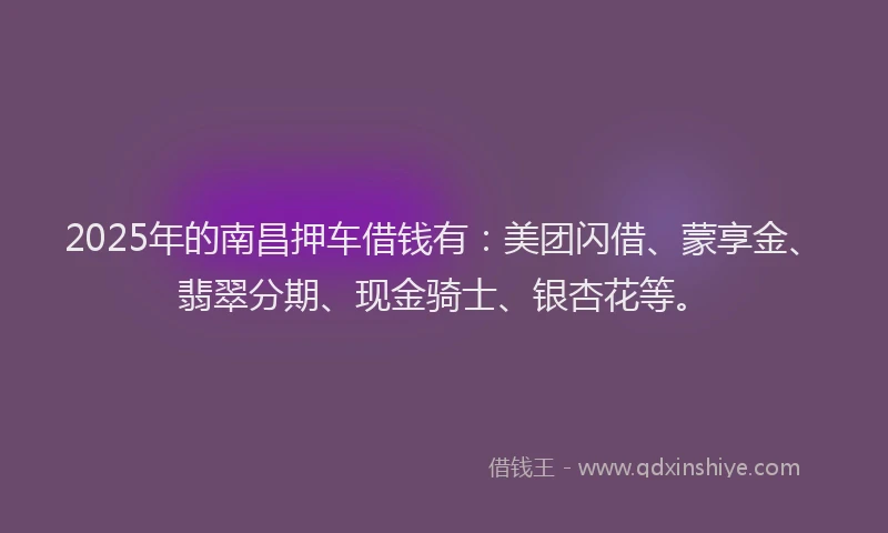 2025年的南昌押车借钱有：美团闪借、蒙享金、翡翠分期、现金骑士、银杏花等。