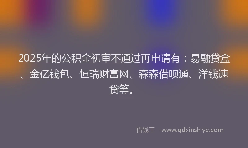2025年的公积金初审不通过再申请有：易融贷盒、金亿钱包、恒瑞财富网、森森借呗通、洋钱速贷等。