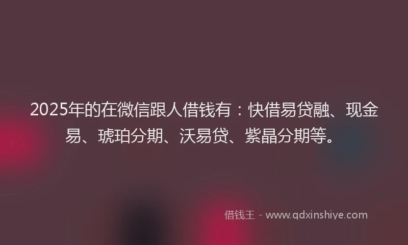 2025年的在微信跟人借钱有：快借易贷融、现金易、琥珀分期、沃易贷、紫晶分期等。