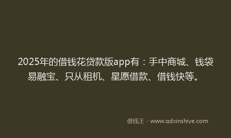 2025年的借钱花贷款版app有：手中商城、钱袋易融宝、只从租机、星愿借款、借钱快等。