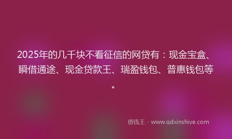 2025年的几千块不看征信的网贷有：现金宝盒、瞬借通途、现金贷款王、瑞盈钱包、普惠钱包等。
