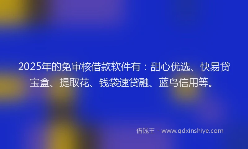 2025年的免审核借款软件有：甜心优选、快易贷宝盒、提取花、钱袋速贷融、蓝鸟信用等。