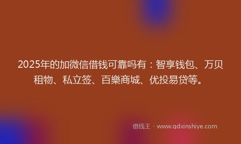 2025年的加微信借钱可靠吗有：智享钱包、万贝租物、私立签、百樂商城、优投易贷等。