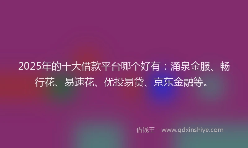 2025年的十大借款平台哪个好有：涌泉金服、畅行花、易速花、优投易贷、京东金融等。