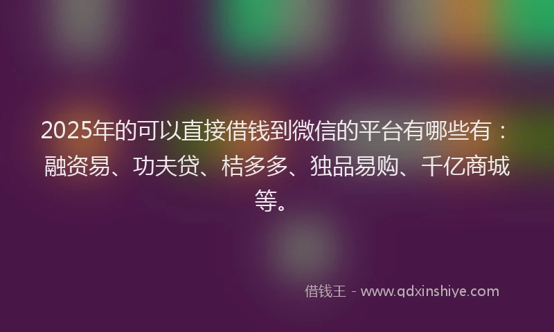 2025年的可以直接借钱到微信的平台有哪些有：融资易、功夫贷、桔多多、独品易购、千亿商城等。
