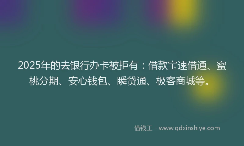 2025年的去银行办卡被拒有：借款宝速借通、蜜桃分期、安心钱包、瞬贷通、极客商城等。