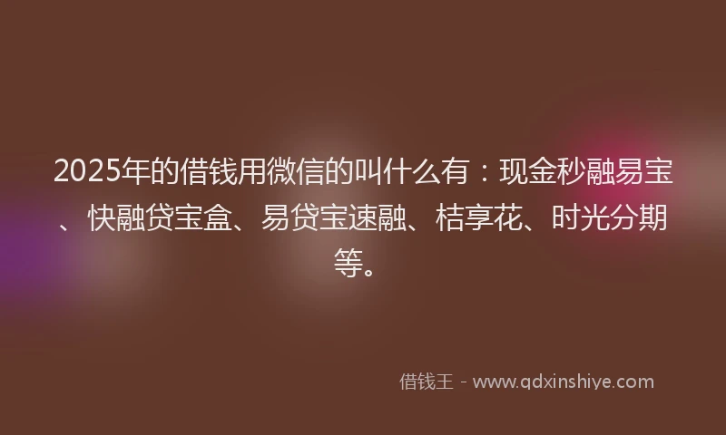 2025年的借钱用微信的叫什么有：现金秒融易宝、快融贷宝盒、易贷宝速融、桔享花、时光分期等。