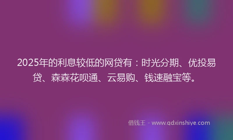2025年的利息较低的网贷有：时光分期、优投易贷、森森花呗通、云易购、钱速融宝等。