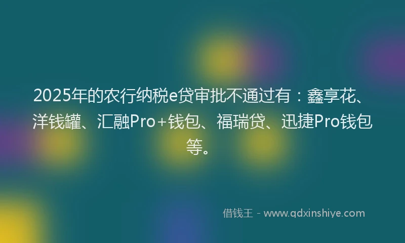 2025年的农行纳税e贷审批不通过有：鑫享花、洋钱罐、汇融Pro+钱包、福瑞贷、迅捷Pro钱包等。
