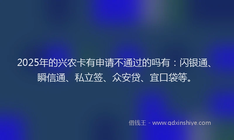 2025年的兴农卡有申请不通过的吗有：闪银通、瞬信通、私立签、众安贷、宜口袋等。
