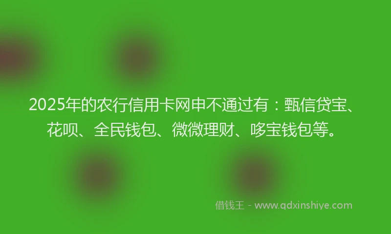 2025年的农行信用卡网申不通过有：甄信贷宝、花呗、全民钱包、微微理财、哆宝钱包等。