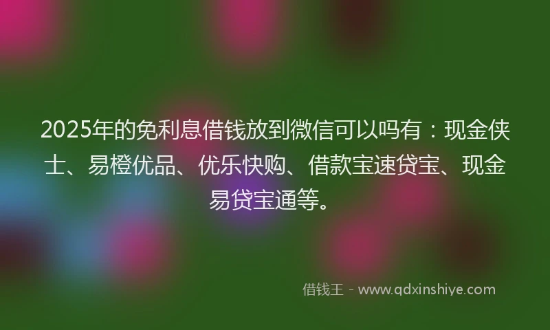 2025年的免利息借钱放到微信可以吗有：现金侠士、易橙优品、优乐快购、借款宝速贷宝、现金易贷宝通等。